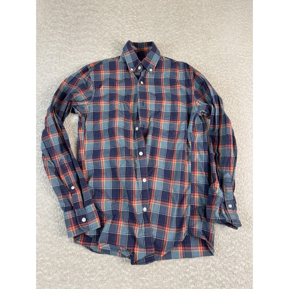 J Crew Shirt Mens XS Blue Orange Plaid Heathered Cotton Button Down Long Sleeve‎